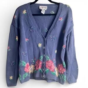 Vintage Talbots Hand Knit Floral Cotton Cardigan Sweater